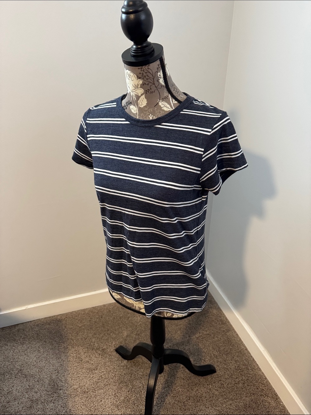 Time and Tru Navy and White Striped Short Sleeve Tee